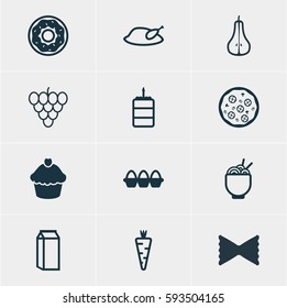 Vector Illustration Of 12 Food Icons. Editable Pack Of Pastry, Grill, Veggie And Other Elements.