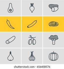 Vector Illustration Of 12 Food Icons. Editable Pack Of Zucchini, Sativum, Papaya And Other Elements.