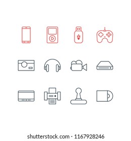 Vector illustration of 12 gadget icons line style. Editable set of printer, photo camera, hard drive and other icon elements.