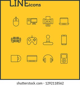Vector illustration of 12 gadget icons line style. Editable set of cellphone, gamepad, cd-rom and other icon elements.