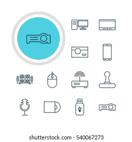 Vector Illustration Of 12 Gadget Icons. Editable Pack Of Dvd Drive, Photography, Sound Recording And Other Elements.