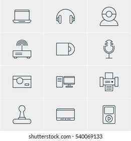 Vector Illustration Of 12 Gadget Icons. Editable Pack Of Video Chat, Sound Recording, Headset And Other Elements.