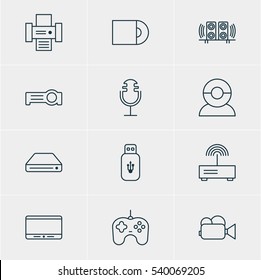 Vector Illustration Of 12 Gadget Icons. Editable Pack Of Memory Storage, Joypad, Floodlight And Other Elements.