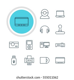 Vector Illustration Of 12 Gadget Icons. Editable Pack Of Photocopier, Media Controller, Dvd Drive And Other Elements.