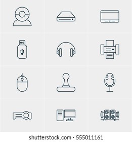 Vector Illustration Of 12 Gadget Icons. Editable Pack Of Game Controller, PC, Photocopier And Other Elements.
