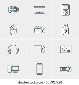 Vector Illustration Of 12 Gadget Icons. Editable Pack Of Loudspeaker, Smartphone, Cursor Controller And Other Elements.