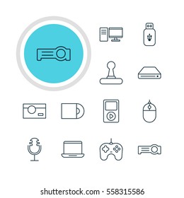 Vector Illustration Of 12 Gadget Icons. Editable Pack Of Dvd Drive, Game Controller, Joypad And Other Elements.