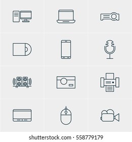 Vector Illustration Of 12 Gadget Icons. Editable Pack Of Floodlight, Cursor Controller, Photography And Other Elements.