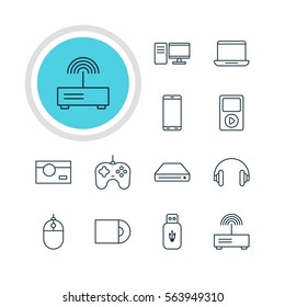 Vector Illustration Of 12 Gadget Icons. Editable Pack Of Joypad, Usb Card, Memory Storage And Other Elements.
