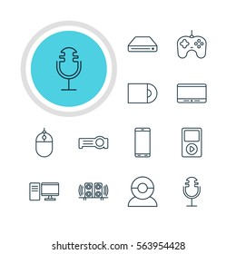 Vector Illustration Of 12 Gadget Icons. Editable Pack Of Video Chat, Monitor, Memory Storage And Other Elements.