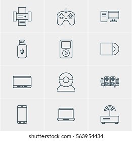 Vector Illustration Of 12 Gadget Icons. Editable Pack Of Video Chat, Loudspeaker, Joypad And Other Elements.