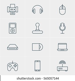 Vector Illustration Of 12 Gadget Icons. Editable Pack Of Memory Storage, Headset, Joypad And Other Elements.