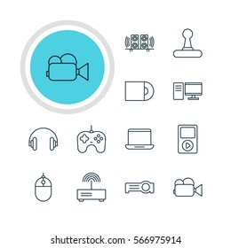 Vector Illustration Of 12 Gadget Icons. Editable Pack Of PC, Cursor Controller, Computer And Other Elements.