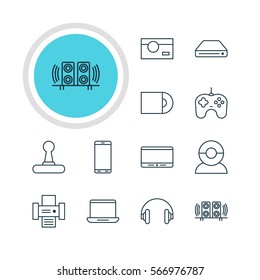 Vector Illustration Of 12 Gadget Icons. Editable Pack Of Loudspeaker, Dvd Drive, Computer And Other Elements.