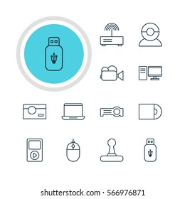 Vector Illustration Of 12 Gadget Icons. Editable Pack Of Modem, Media Controller, Computer And Other Elements.