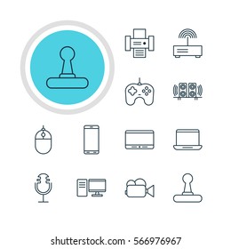 Vector Illustration Of 12 Gadget Icons. Editable Pack Of Game Controller, Loudspeaker, Monitor And Other Elements.
