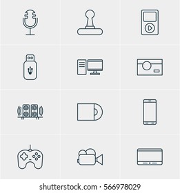 Vector Illustration Of 12 Gadget Icons. Editable Pack Of Joypad, Camcorder, Media Controller And Other Elements.
