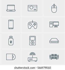 Vector Illustration Of 12 Gadget Icons. Editable Pack Of Joypad, Modem, Media Controller And Other Elements.