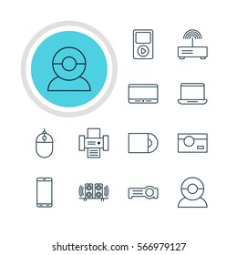Vector Illustration Of 12 Gadget Icons. Editable Pack Of Photocopier, Modem, Video Chat And Other Elements.