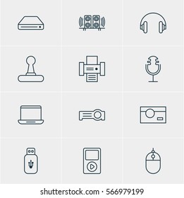Vector Illustration Of 12 Gadget Icons. Editable Pack Of Memory Storage, Cursor Controller, Photography And Other Elements.