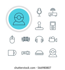 Vector Illustration Of 12 Gadget Icons. Editable Pack Of Video Chat, Camcorder, Loudspeaker And Other Elements.