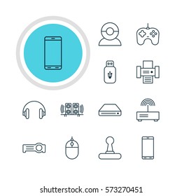Vector Illustration Of 12 Gadget Icons. Editable Pack Of Usb Card, Headset, Joypad And Other Elements.