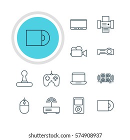 Vector Illustration Of 12 Gadget Icons. Editable Pack Of Modem, Floodlight, Media Controller And Other Elements.