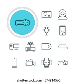 Vector Illustration Of 12 Gadget Icons. Editable Pack Of Sound Recording, Camcorder, Smartphone And Other Elements.