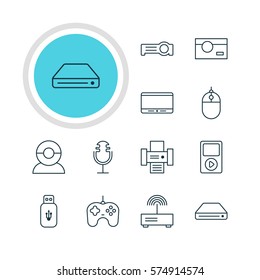 Vector Illustration Of 12 Gadget Icons. Editable Pack Of Floodlight, Media Controller, Photography And Other Elements.