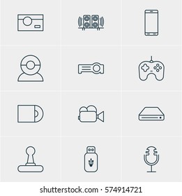 Vector Illustration Of 12 Gadget Icons. Editable Pack Of Video Chat, Sound Recording, Smartphone And Other Elements.