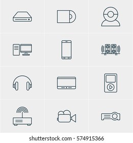 Vector Illustration Of 12 Gadget Icons. Editable Pack Of Headset, Dvd Drive, Modem And Other Elements.