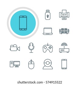 Vector Illustration Of 12 Gadget Icons. Editable Pack Of Joypad, Photocopier, Computer And Other Elements.