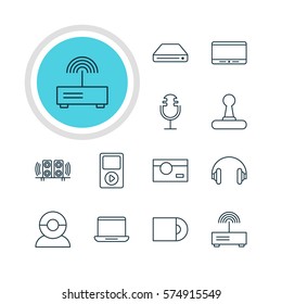 Vector Illustration Of 12 Gadget Icons. Editable Pack Of Computer, Modem, Headset And Other Elements.