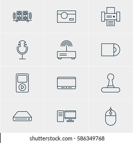 Vector Illustration Of 12 Gadget Icons. Editable Pack Of Monitor, Photography, Photocopier And Other Elements.