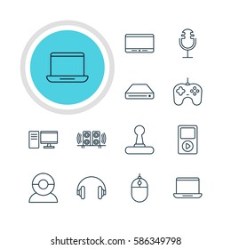 Vector Illustration Of 12 Gadget Icons. Editable Pack Of Sound Recording, Monitor, Game Controller And Other Elements.