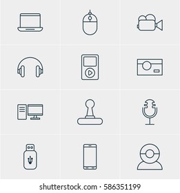 Vector Illustration Of 12 Gadget Icons. Editable Pack Of Sound Recording, Game Controller, Computer And Other Elements.