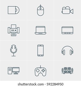 Vector Illustration Of 12 Gadget Icons. Editable Pack Of Computer, Sound Recording, Loudspeaker And Other Elements.