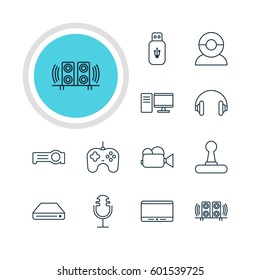 Vector Illustration Of 12 Gadget Icons. Editable Pack Of Sound Recording, Floodlight, PC And Other Elements.