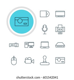 Vector Illustration Of 12 Gadget Icons. Editable Pack Of Memory Storage, Game Controller, Floodlight And Other Elements.