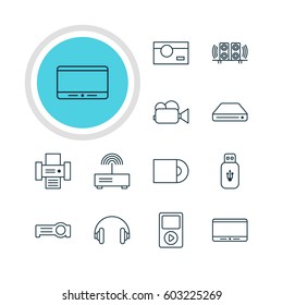 Vector Illustration Of 12 Gadget Icons. Editable Pack Of Headset, Loudspeaker, Photography And Other Elements.