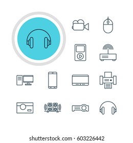 Vector Illustration Of 12 Gadget Icons. Editable Pack Of Loudspeaker, Modem, Monitor And Other Elements.