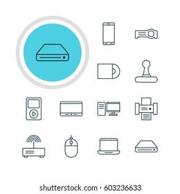 Vector Illustration Of 12 Gadget Icons. Editable Pack Of Cursor Controller, Dvd Drive, Game Controller And Other Elements.
