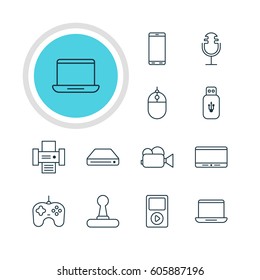 Vector Illustration Of 12 Gadget Icons. Editable Pack Of Memory Storage, Smartphone, Sound Recording And Other Elements.