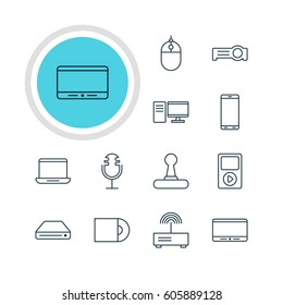 Vector Illustration Of 12 Gadget Icons. Editable Pack Of Cursor Controller, PC, Smartphone And Other Elements.