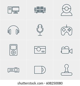Vector Illustration Of 12 Gadget Icons. Editable Pack Of Photography, Game Controller, Sound Recording And Other Elements.