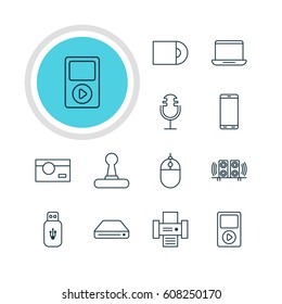 Vector Illustration Of 12 Gadget Icons. Editable Pack Of Sound Recording, Smartphone, Game Controller And Other Elements.