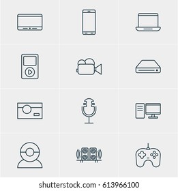 Vector Illustration Of 12 Gadget Icons. Editable Pack Of Loudspeaker, Smartphone, Memory Storage And Other Elements.