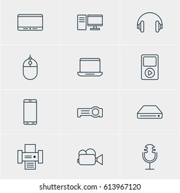 Vector Illustration Of 12 Gadget Icons. Editable Pack Of Sound Recording, Computer, Memory Storage And Other Elements.