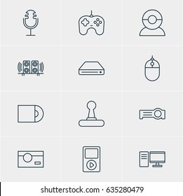 Vector Illustration Of 12 Gadget Icons. Editable Pack Of Game Controller, Video Chat, Media Controller And Other Elements.