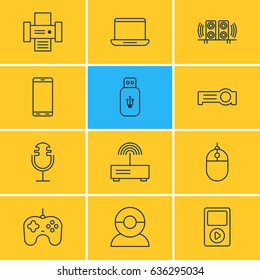Vector Illustration Of 12 Gadget Icons. Editable Pack Of Loudspeaker, Joypad, Photocopier And Other Elements.